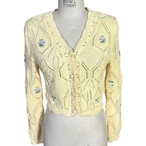 Zara Embroidered Flowers 100% Cotton Cropped Cardigan Yellow Size Small